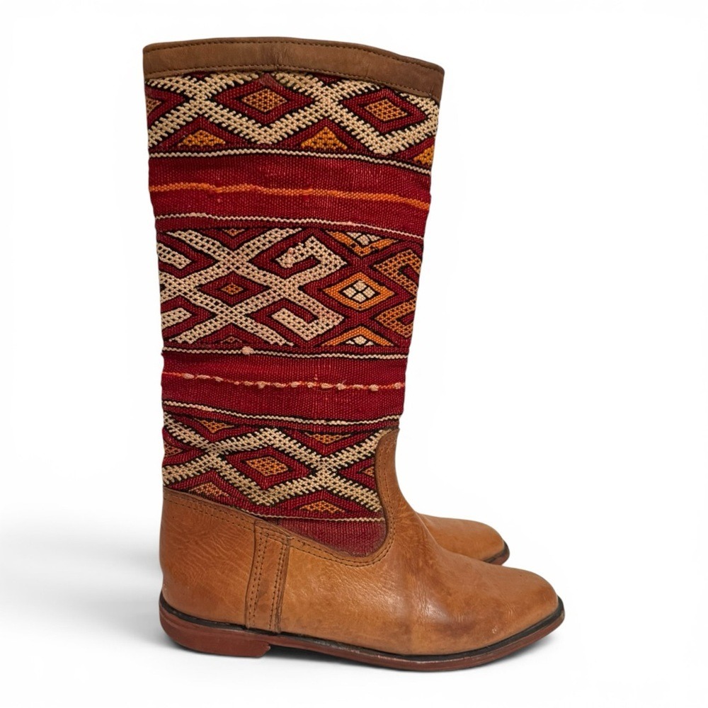 Vintage Kilim Rug Leather Boots Handmade Tribal Tapestry Boho Western Size 8.5/9